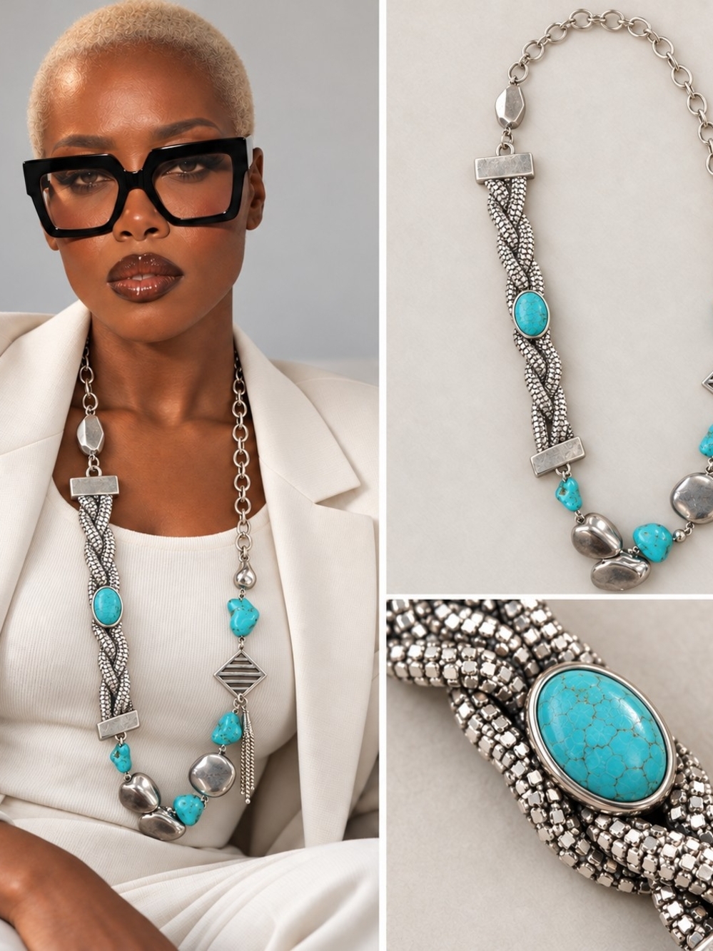 Long Turquoise-Coloured & Silver-Tone Asymmetrical Statement Necklace